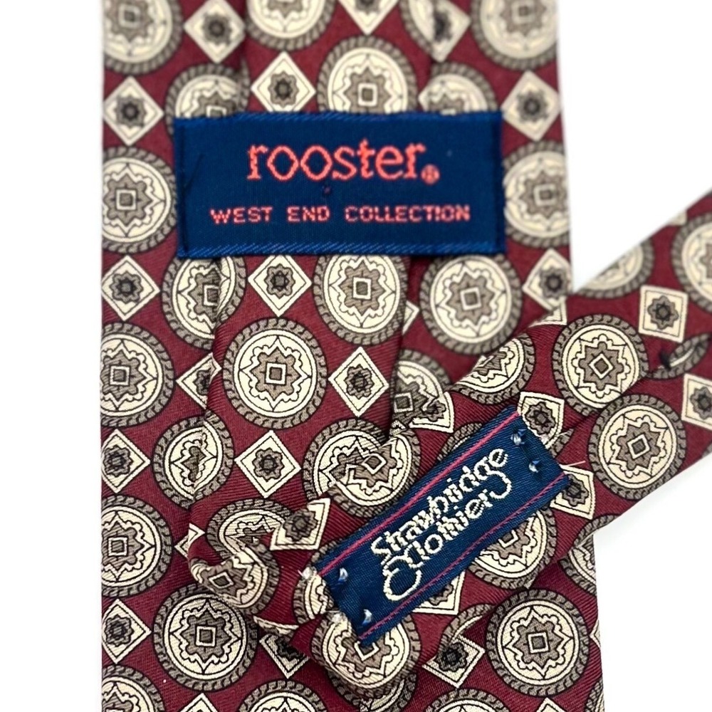 Vintage Rooster 100%‎ Silk Tie Men's Maroon Beige Medallion Geometric West End